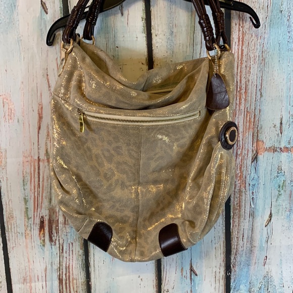 Tiffany and Fred Leopard Print Glittery Gold Purse with Double Straps - Picture 1 of 8